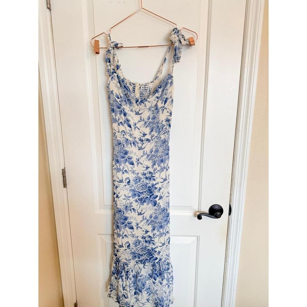 Reformation Women's Blue and White Summer-dress Nikita midi - Picture 4 of 8